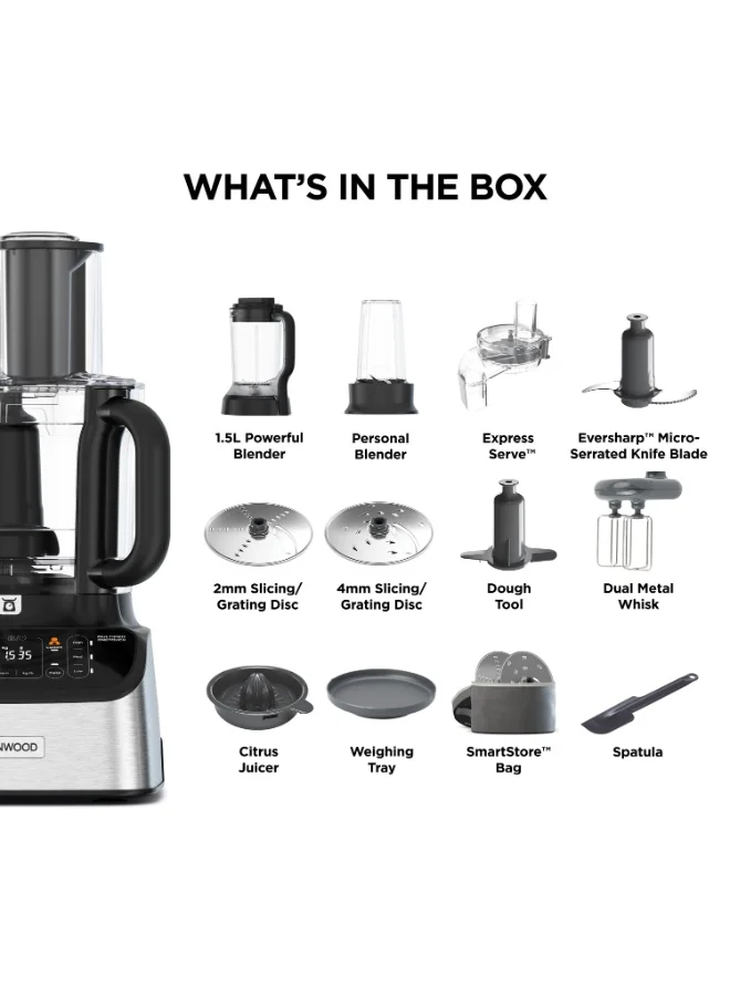 KENWOOD MultiPro OneTouch Food Processor & Blender, 1.5L Glass Blender, OneTouch Presets, Digital Scale, 11 Attachments, Juice Extractor